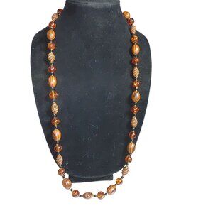 Carved Beaded Necklace Hong Kong Vintage Amber Brown Wood Box Gold Tone Clasp